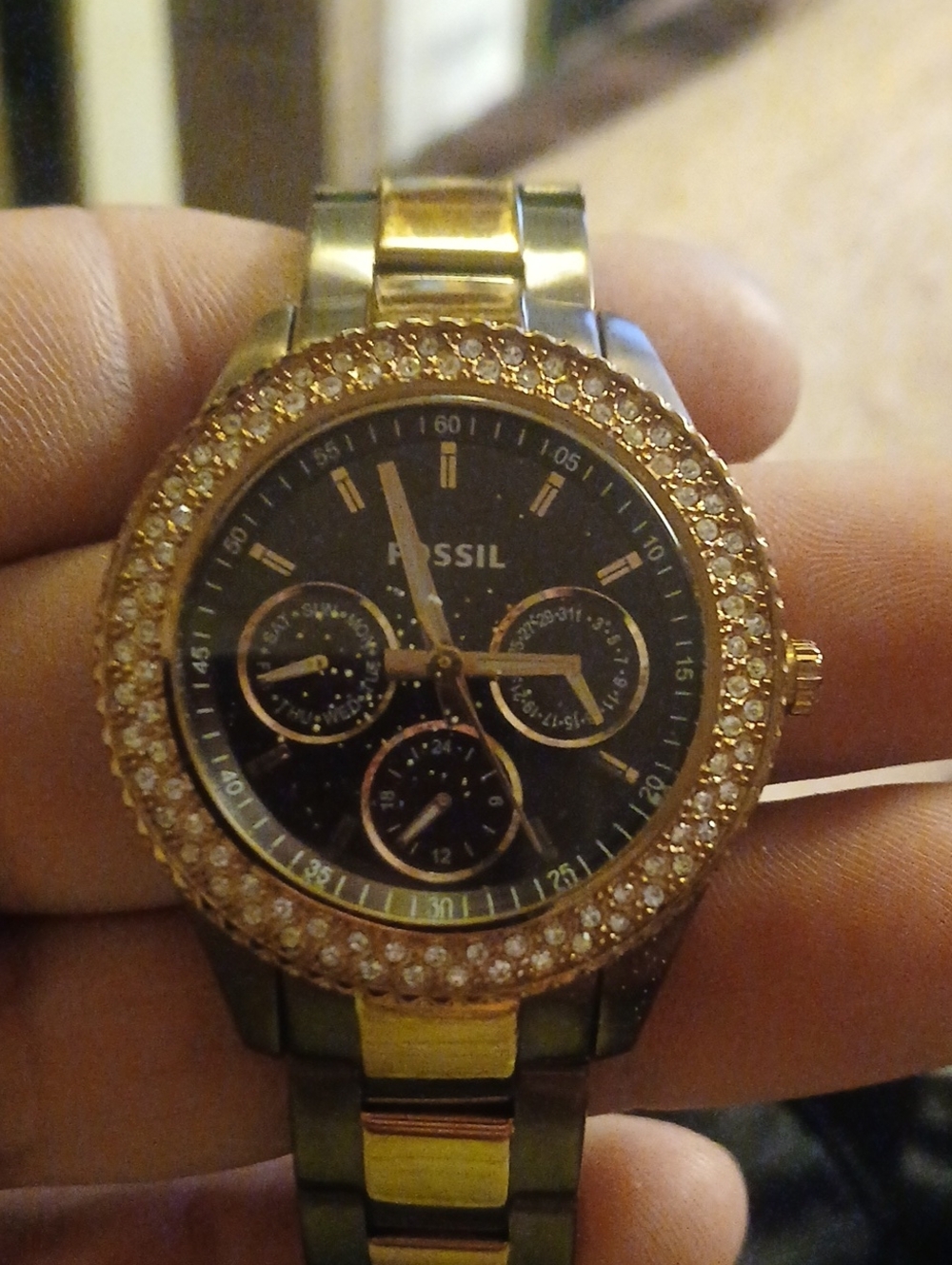 Fossil Black Dial Two-Tone Gold Crystal Bezel Watch May needs a battery
